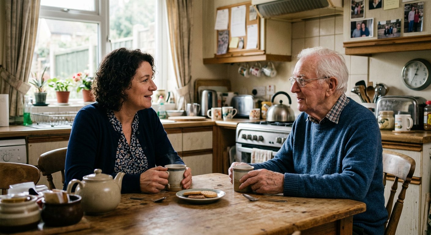 A caregiver sharing a quiet conversation over tea with an older man at his kitchen table