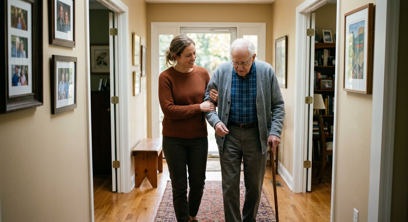Illustration of personal care assistance support in a home setting