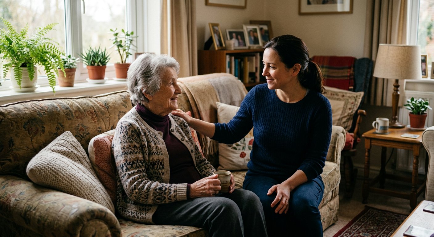 A home caregiver sitting and talking warmly with an older woman in her living room